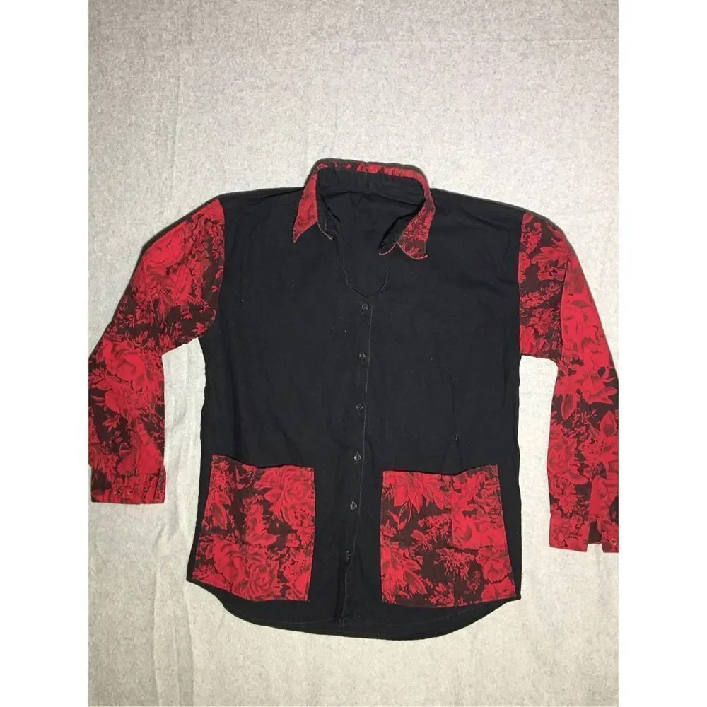 Womens Vintage Button Up Size Large Black Red Floral Mixed Pattern Large Pockets